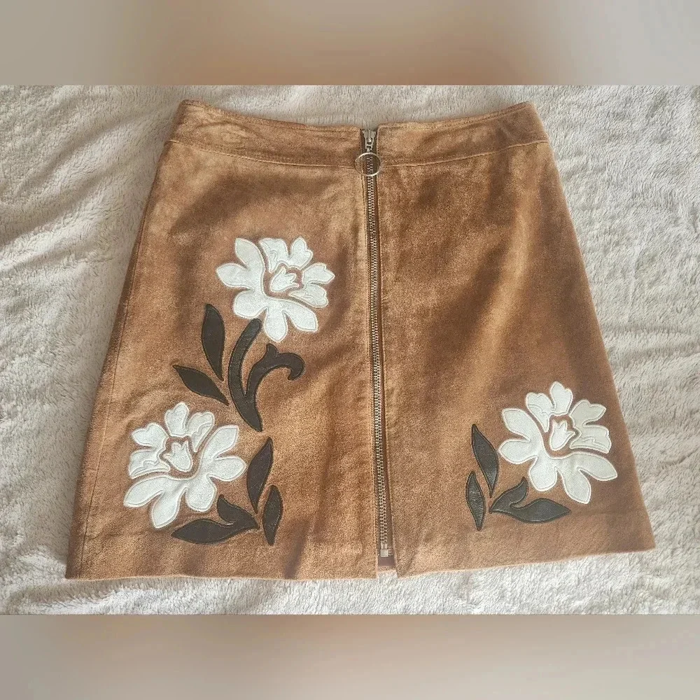 INC 100% Leather Floral Zip Skirt Sz‎ 6